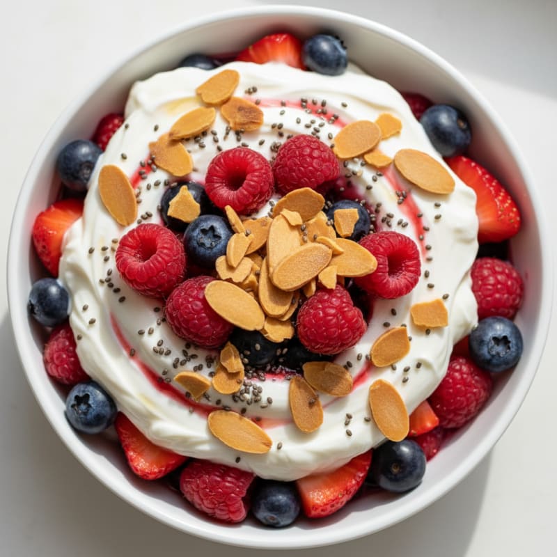 Greek Yogurt Parfait with Crunchy Almonds and Mixed Berries