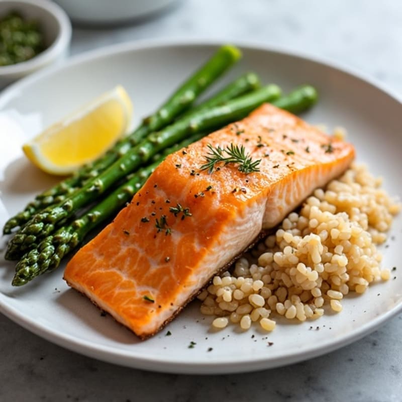 Seared Salmon with Steamed Asparagus and Brown Rice