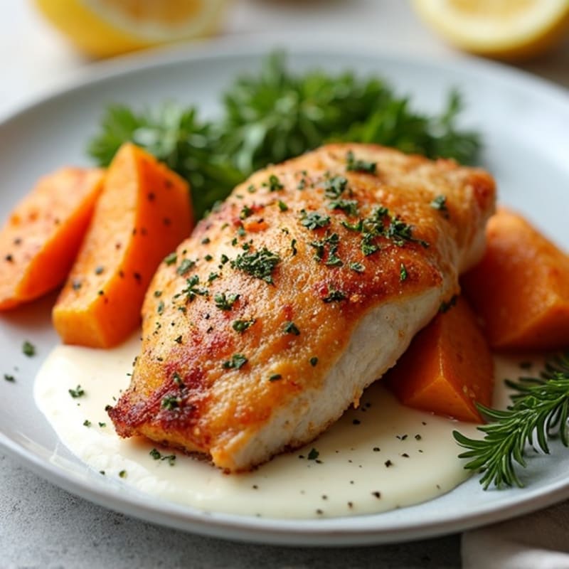 Crispy Roasted Chicken with Caramelized Sweet Potatoes and Creamy Lemon Herb Sauce