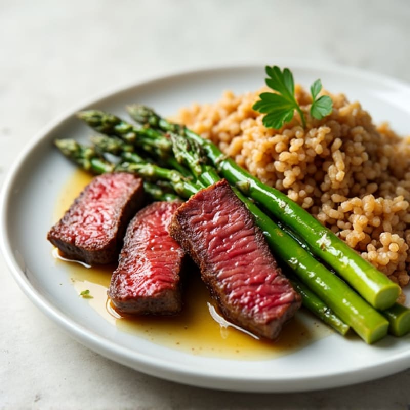 Seared Lean Beef Strips with Roasted Asparagus and Brown Rice