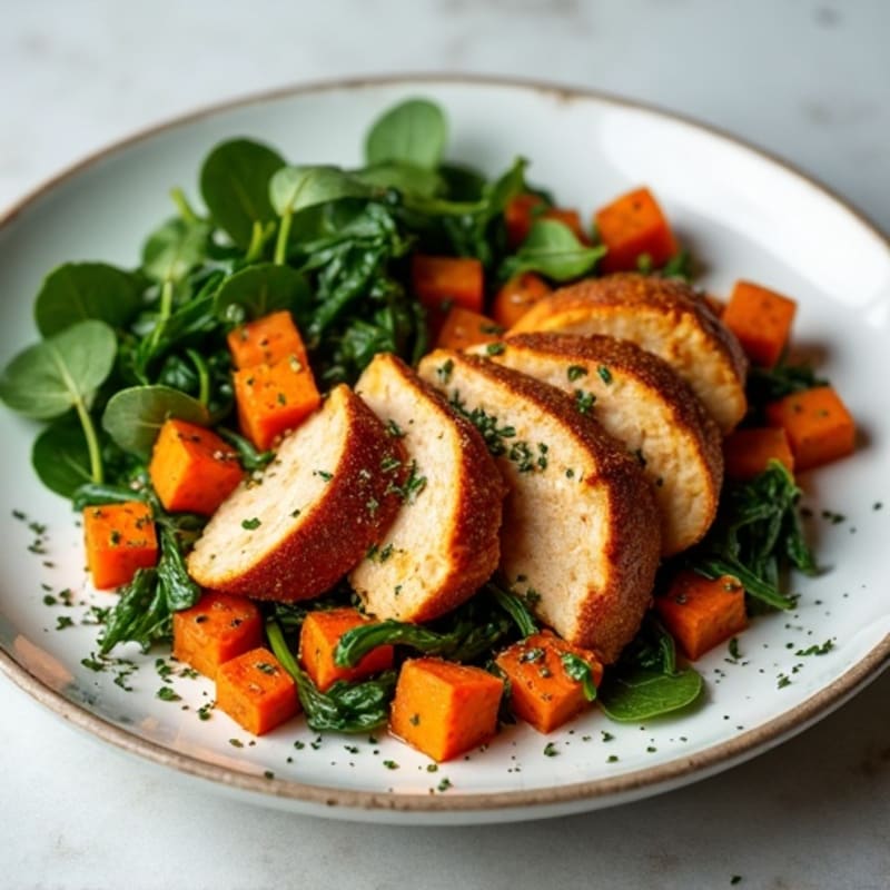Sweet Potato Hash with Crispy Chicken and Sautéed Greens