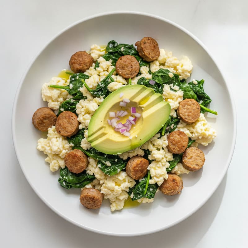 Egg White and Turkey Sausage Scramble with Sautéed Spinach