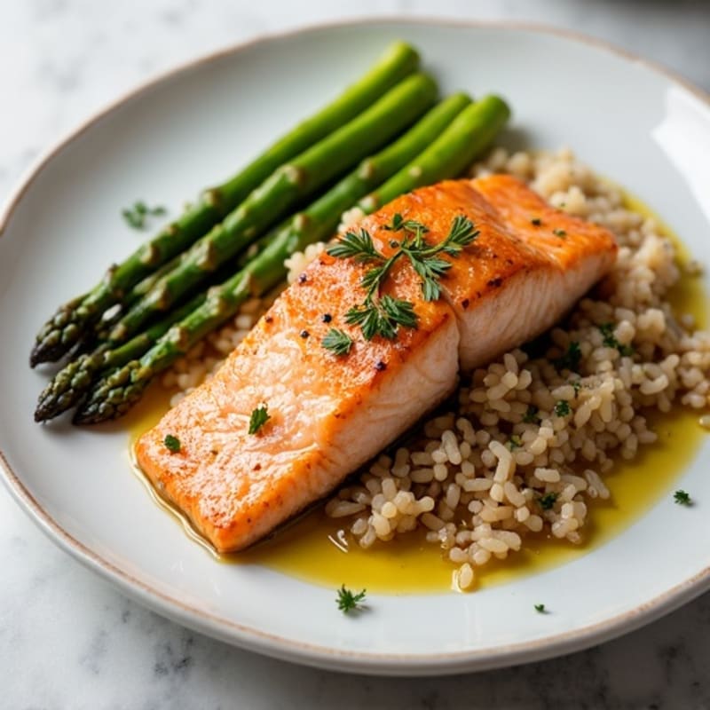 Seared Salmon Fillet with Roasted Asparagus and Brown Rice