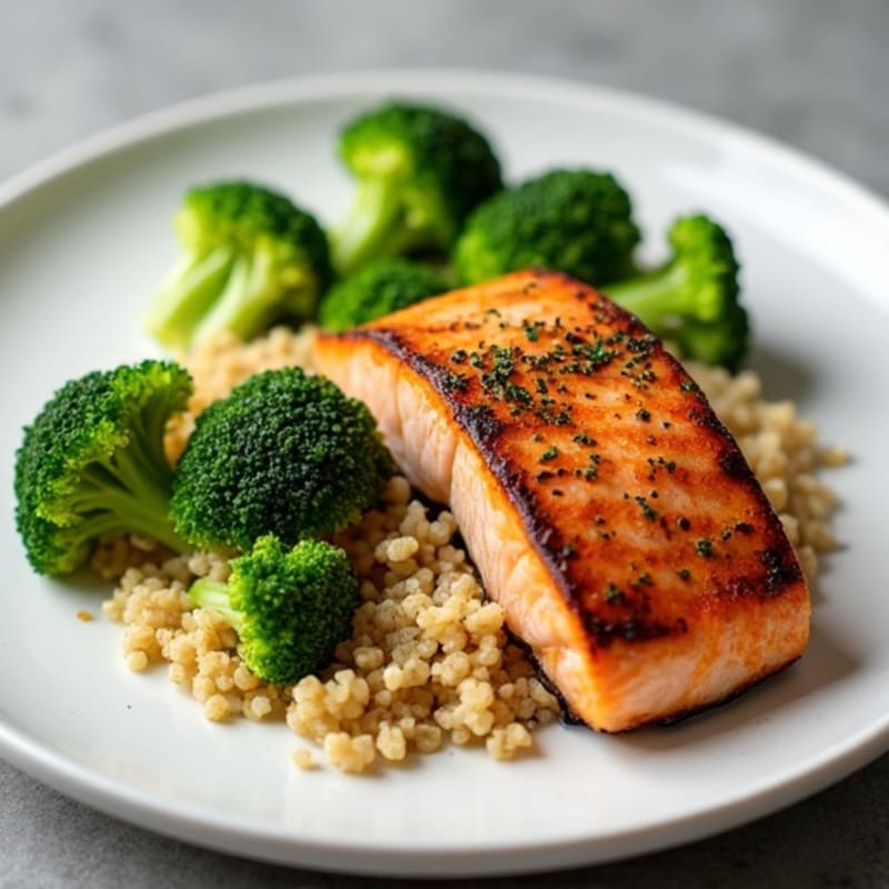 Seared Salmon with Steamed Broccoli and Quinoa