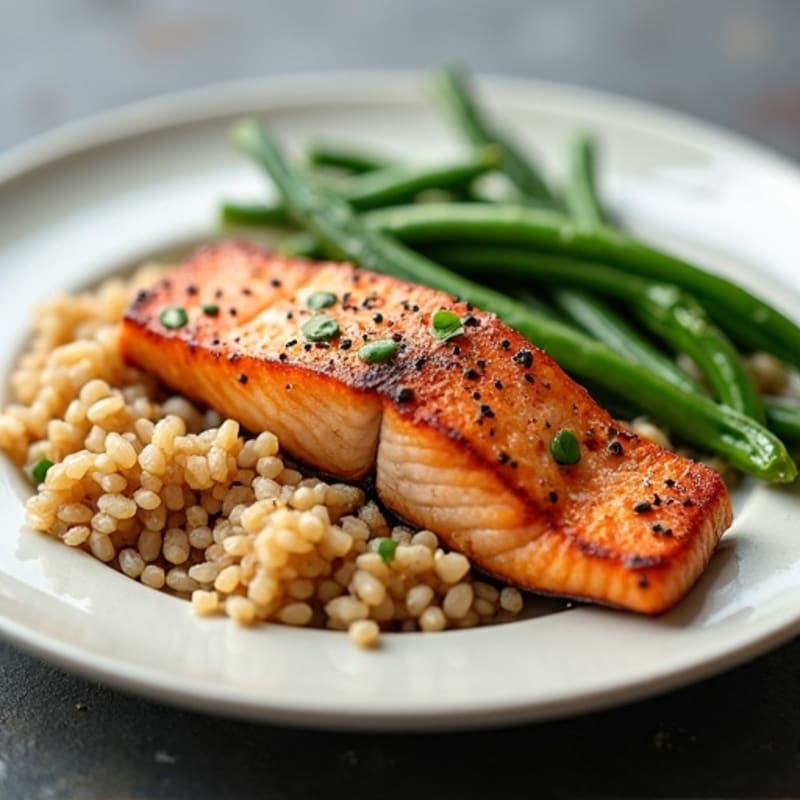 Seared Salmon with Steamed Green Beans and Brown Rice