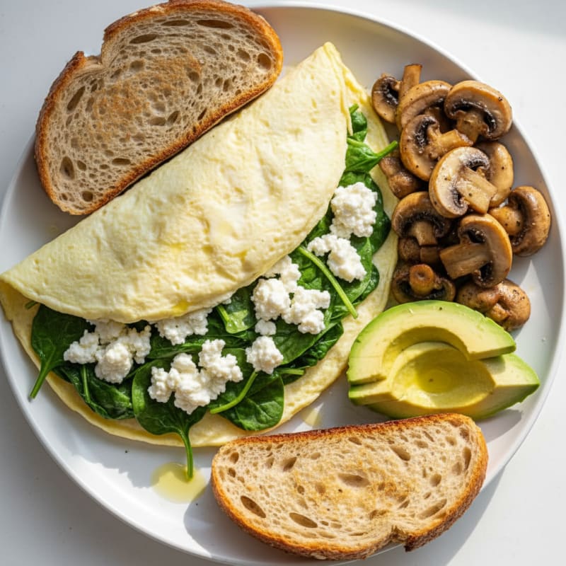 Egg White Spinach Omelette with Cottage Cheese and Sautéed Mushrooms
