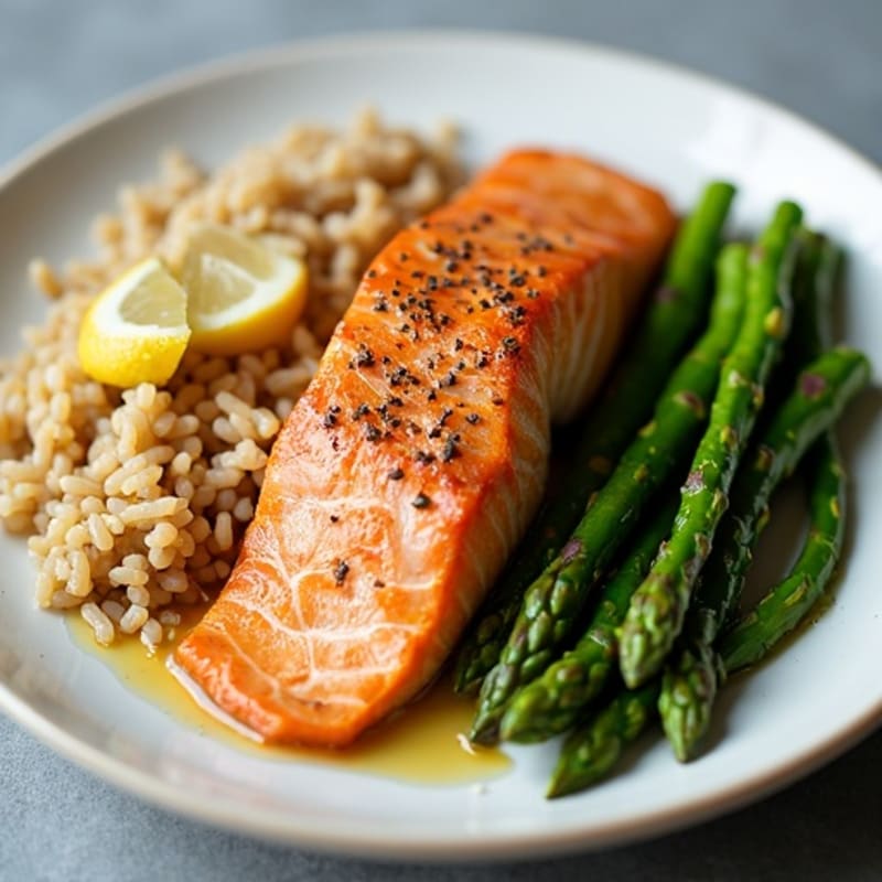 Seared Salmon Fillet with Steamed Asparagus and Brown Rice