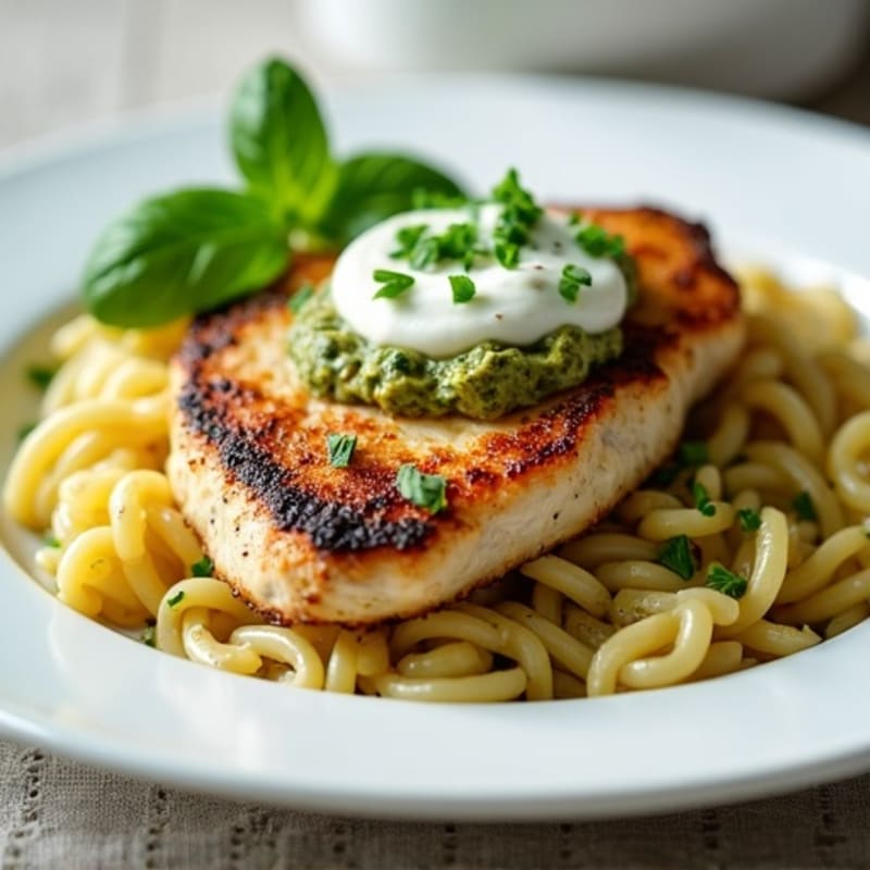 Pan-Seared Chicken with Creamy Pesto Pasta