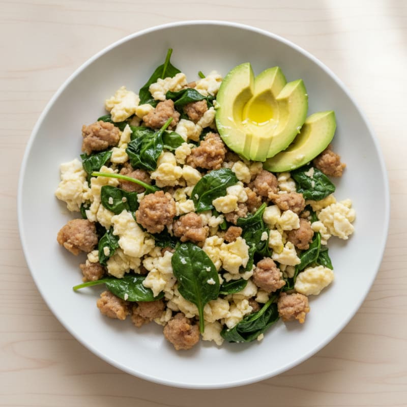 Egg White and Turkey Sausage Scramble with Sautéed Spinach