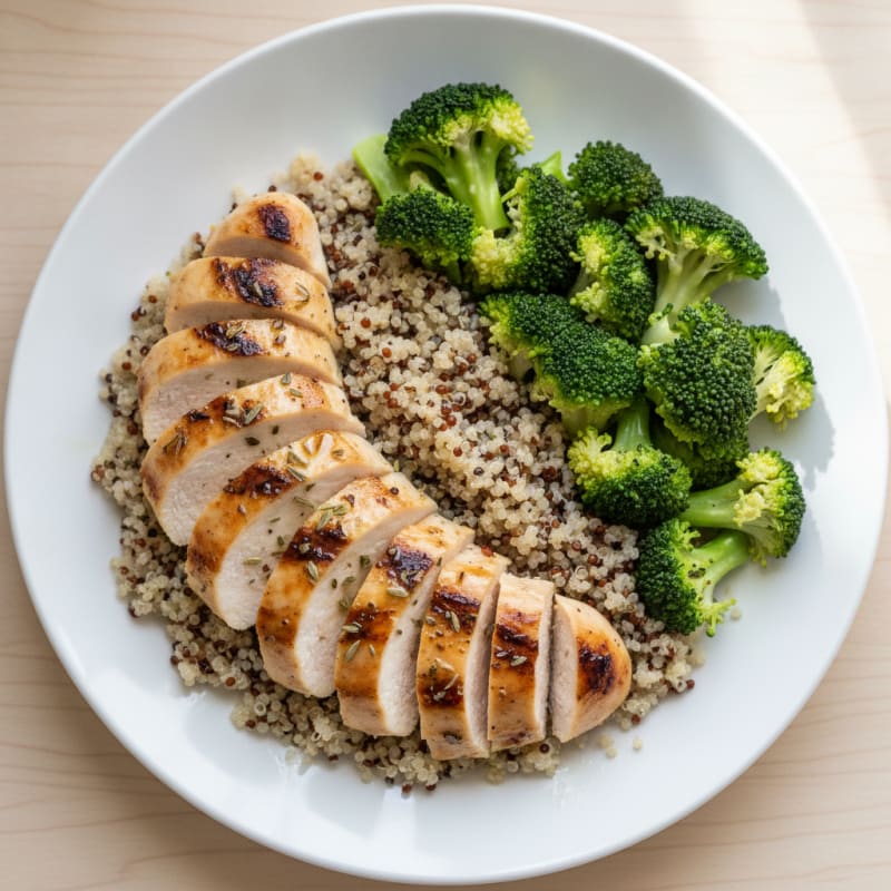 Grilled Lemon Herb Chicken Breast with Quinoa and Steamed Broccoli