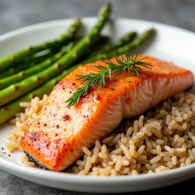 Seared Salmon with Steamed Asparagus and Brown Rice