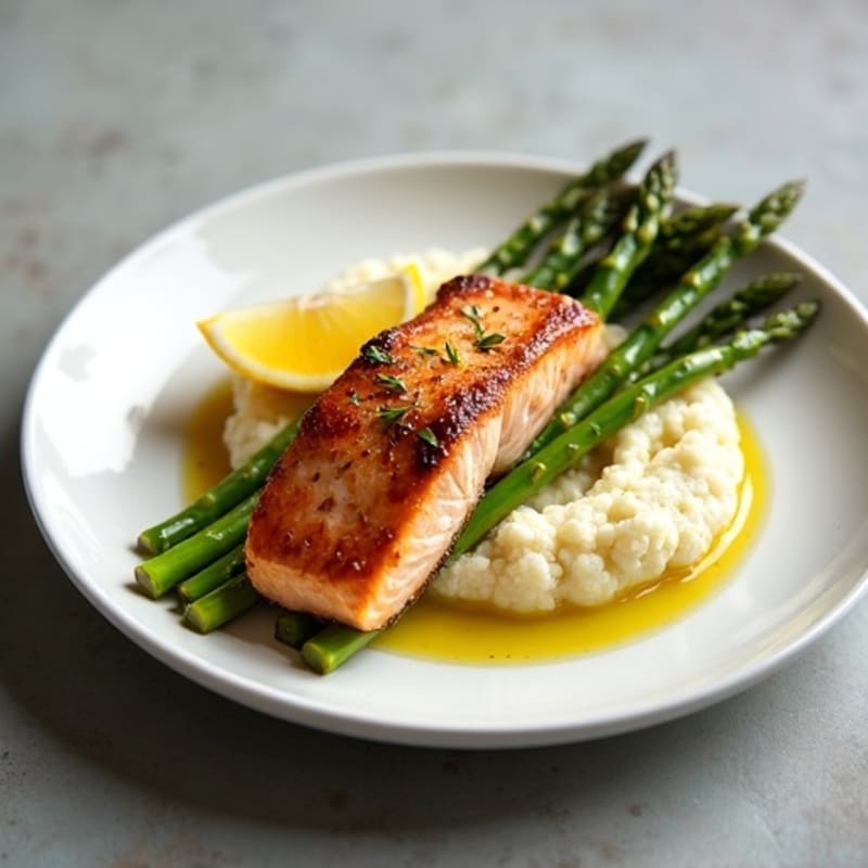 Seared Salmon with Roasted Asparagus and Cauliflower Mash