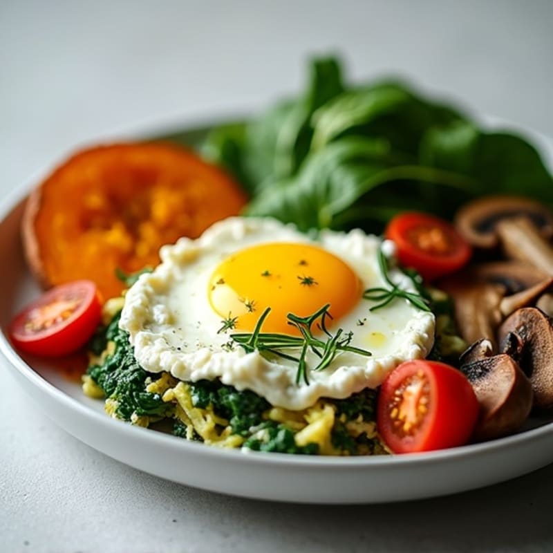 Egg White Spinach Scramble with Cottage Cheese and Roasted Sweet Potato