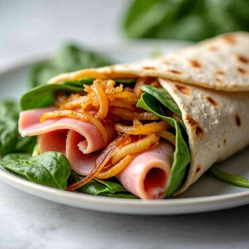 Crispy Ham and Caramelized Onion Wrap with Fresh Spinach
