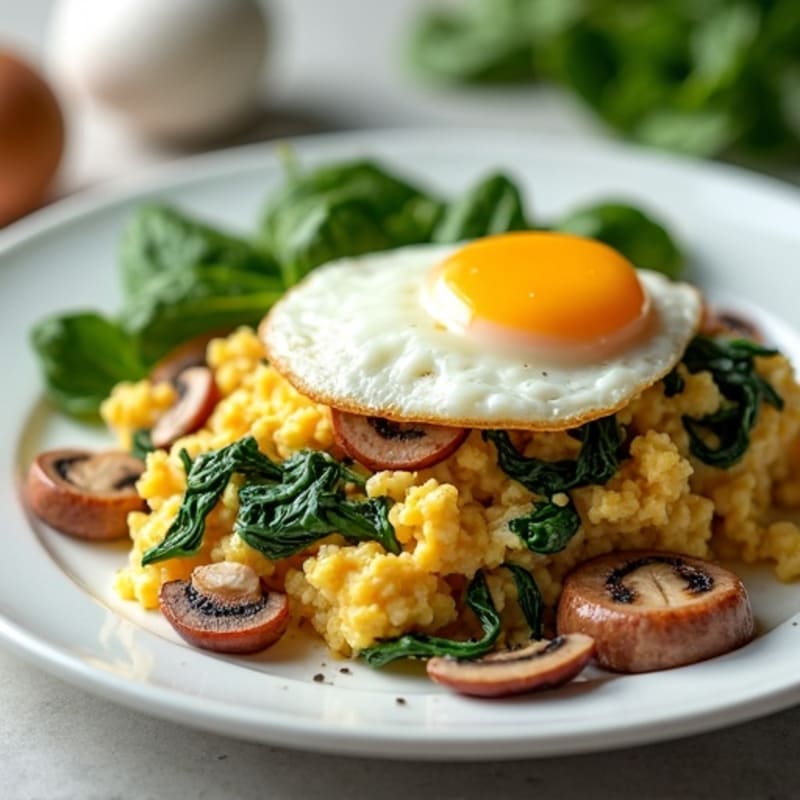 Egg White Spinach Scramble with Turkey Sausage and Sautéed Mushrooms