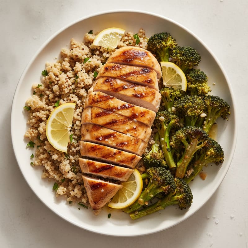 Grilled Chicken Breast with Quinoa and Roasted Broccoli