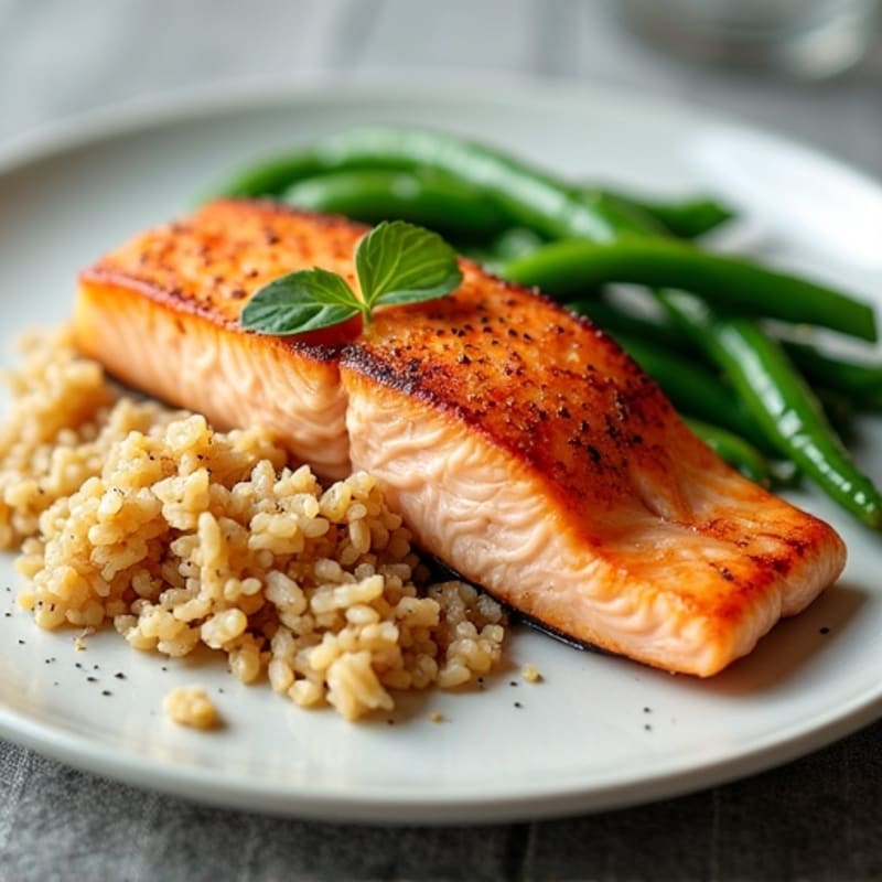 Seared Salmon Fillet with Steamed Green Beans and Brown Rice