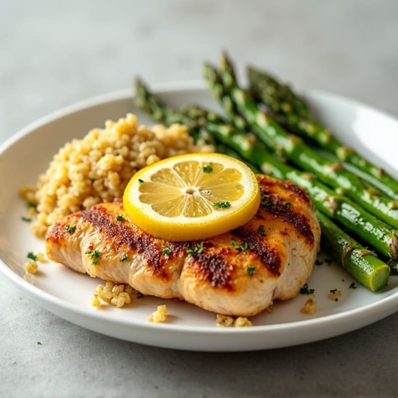 Lemon Garlic Pan-Seared Chicken with Roasted Asparagus and Quinoa