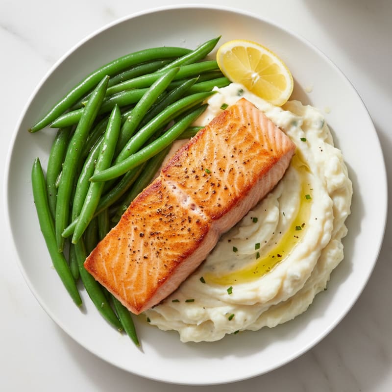 Seared Salmon with Steamed Green Beans and Garlic Mashed Potatoes