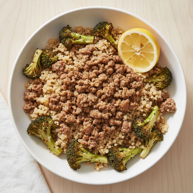 Ground Beef and Quinoa Power Bowl with Roasted Broccoli