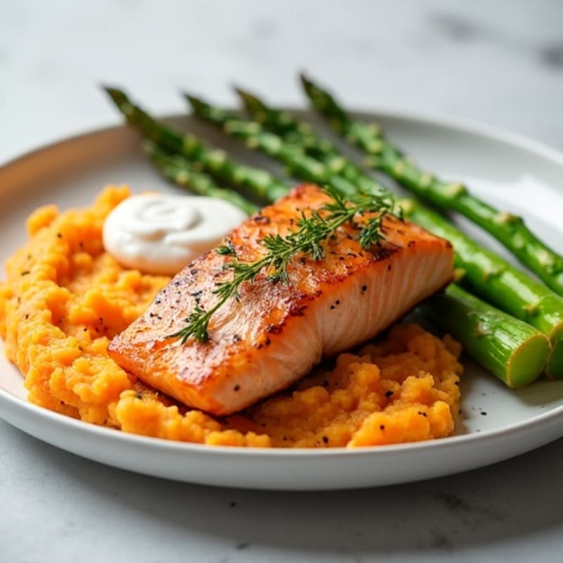 Seared Salmon with Roasted Asparagus and Sweet Potato Mash