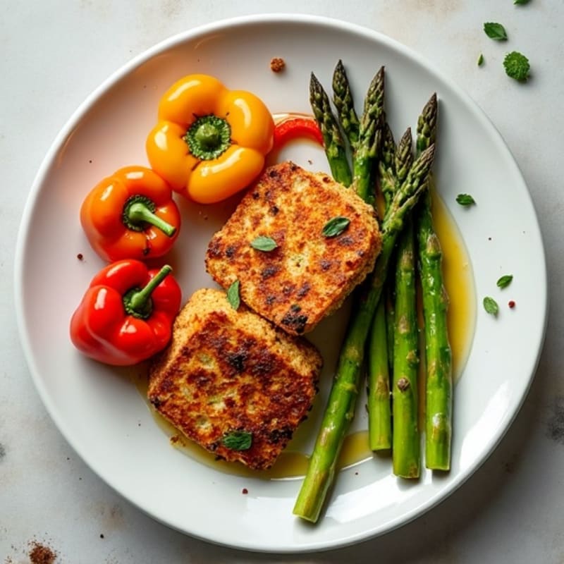 Crispy Baked Tempeh with Roasted Asparagus and Bell Peppers