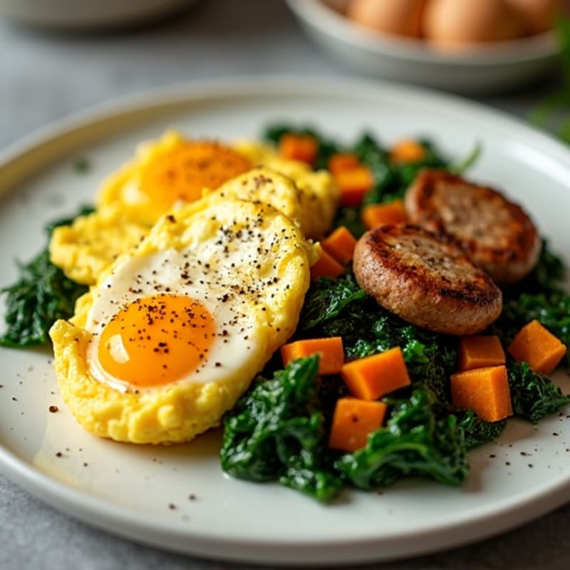 Fluffy Scrambled Eggs with Sautéed Spinach and Crispy Sweet Potato Hash