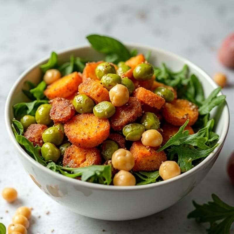 Crispy Garlic Edamame Bowl with Roasted Sweet Potatoes and Fresh Greens