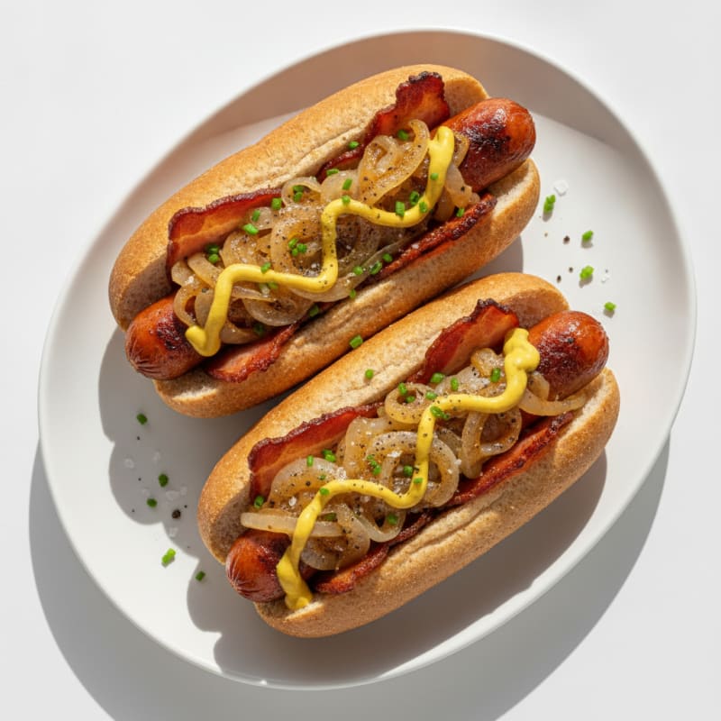 Bacon-Wrapped Hot Dogs with Caramelized Onions