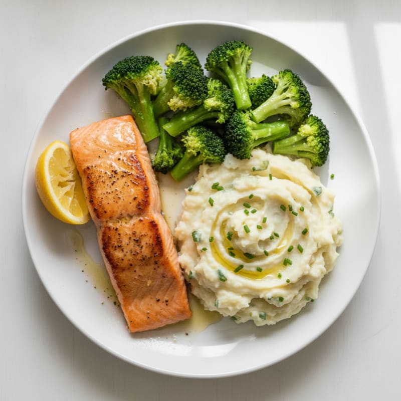 Seared Salmon with Steamed Broccoli and Garlic Mashed Potatoes