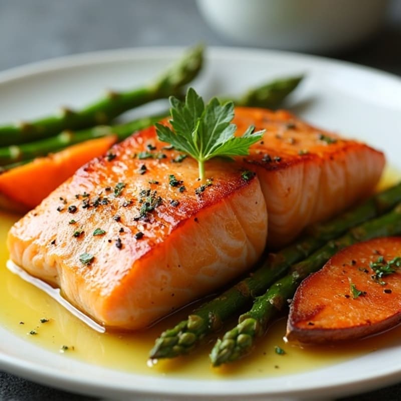 Seared Salmon Fillet with Roasted Sweet Potatoes and Asparagus