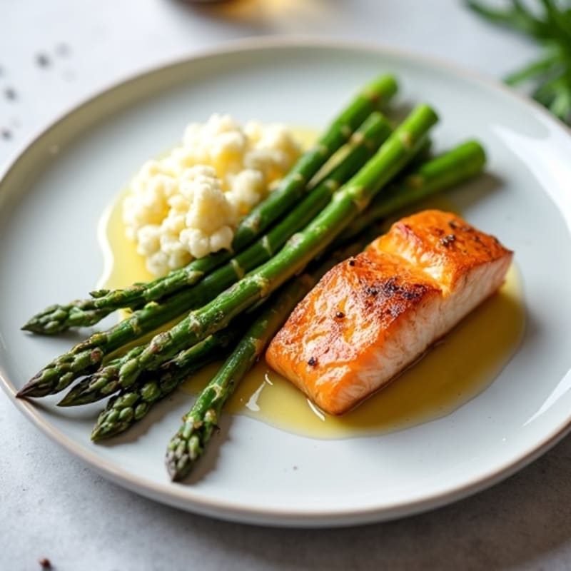 Seared Salmon Filet with Steamed Asparagus and Cauliflower Mash
