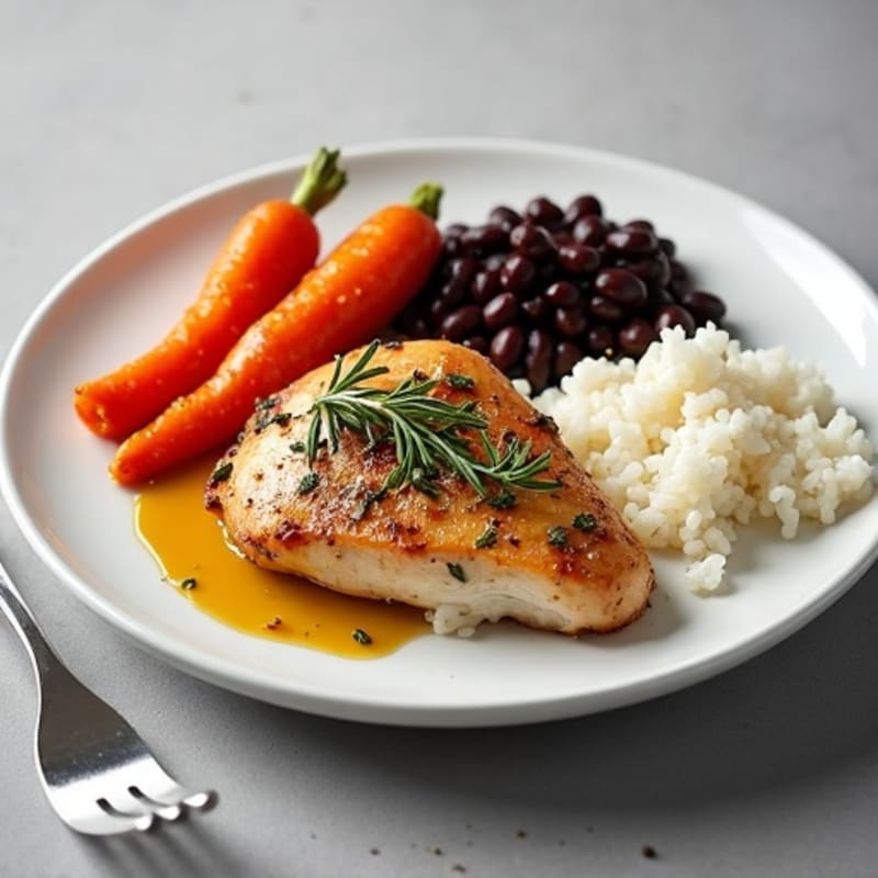 Herb-Roasted Chicken with Steamed Rice, Roasted Carrots, and Savory Black Beans