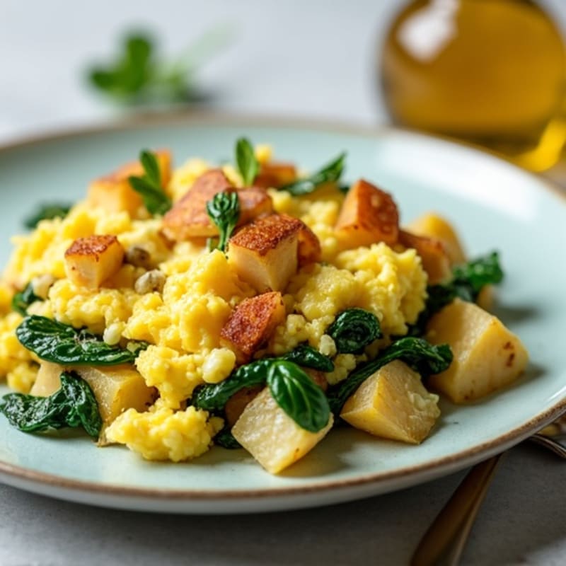 Egg and Potato Scramble with Sautéed Spinach and Chicken