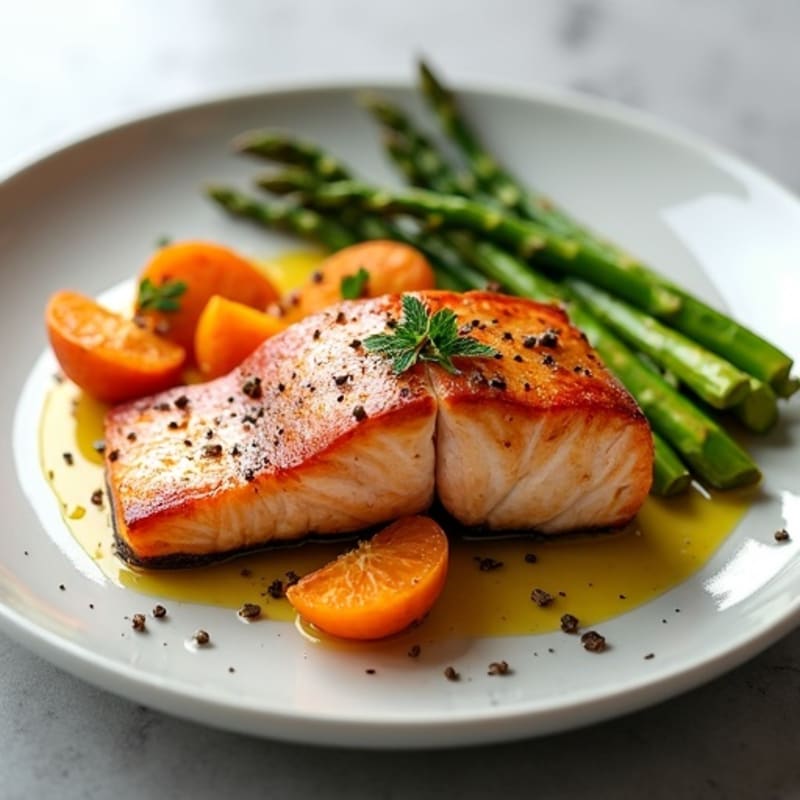 Seared Salmon with Roasted Sweet Potatoes and Asparagus