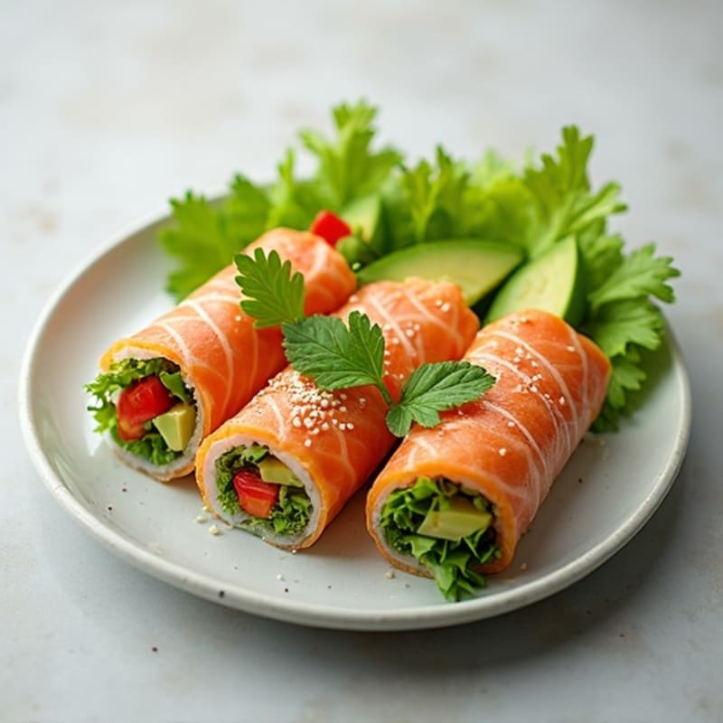 Fresh Salmon and Avocado Rolls with Crunchy Vegetables
