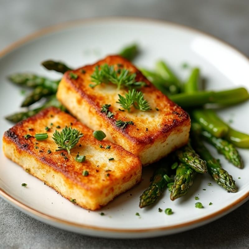 Crispy Herbed Tofu Steaks with Roasted Asparagus