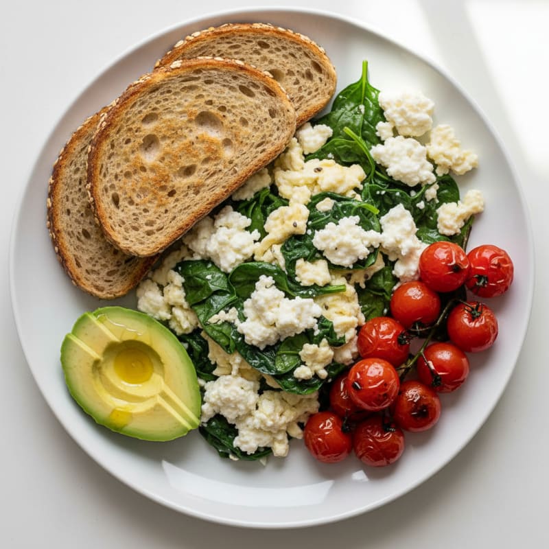 Egg White and Spinach Scramble with Cottage Cheese and Cherry Tomatoes