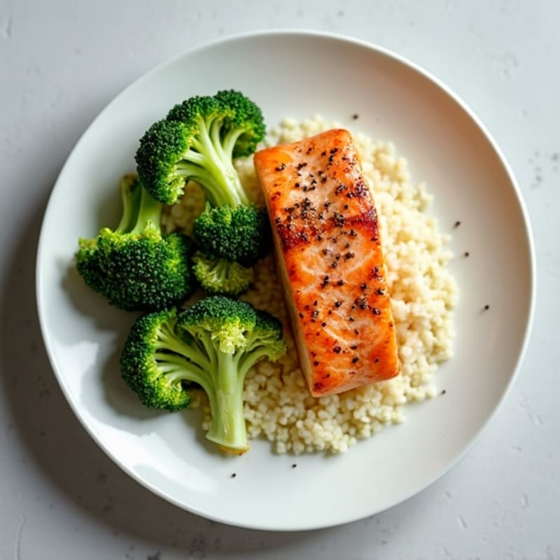 Seared Salmon with Steamed Broccoli and Cauliflower Rice