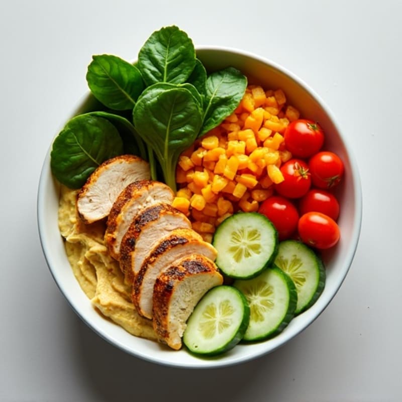 Lemon-Garlic Hummus Bowl with Roasted Chicken and Crisp Veggies