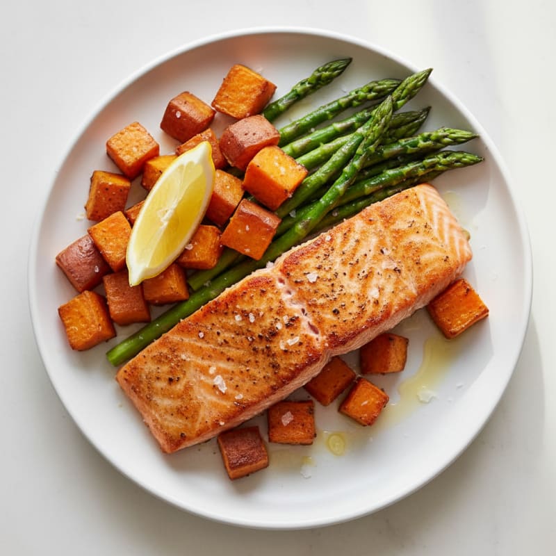 Seared Salmon with Roasted Sweet Potato and Asparagus