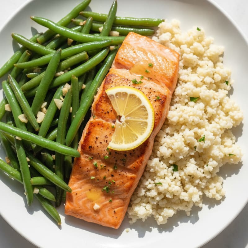 Seared Salmon Fillet with Garlic Green Beans and Cauliflower Rice