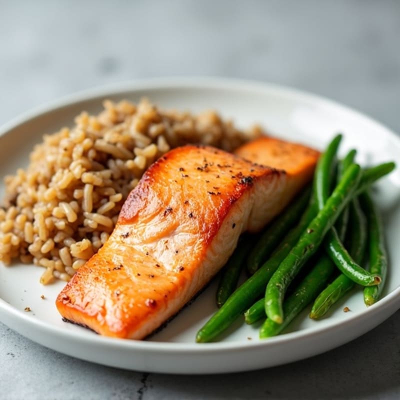 Seared Salmon Fillet with Steamed Green Beans and Brown Rice