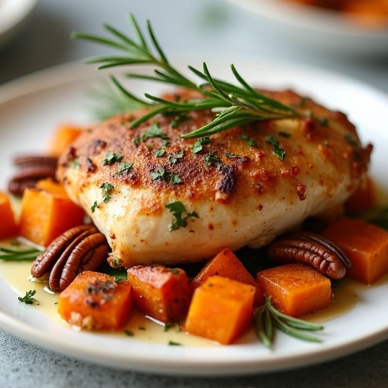 Herb-Roasted Chicken with Crispy Roasted Sweet Potatoes and Toasted Pecans