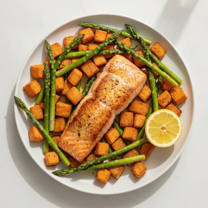 Seared Salmon with Roasted Sweet Potatoes and Asparagus