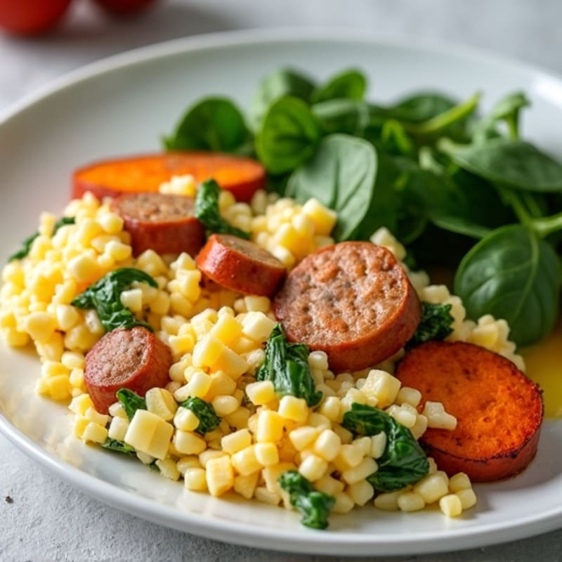 Egg White and Turkey Sausage Scramble with Spinach and Roasted Sweet Potatoes