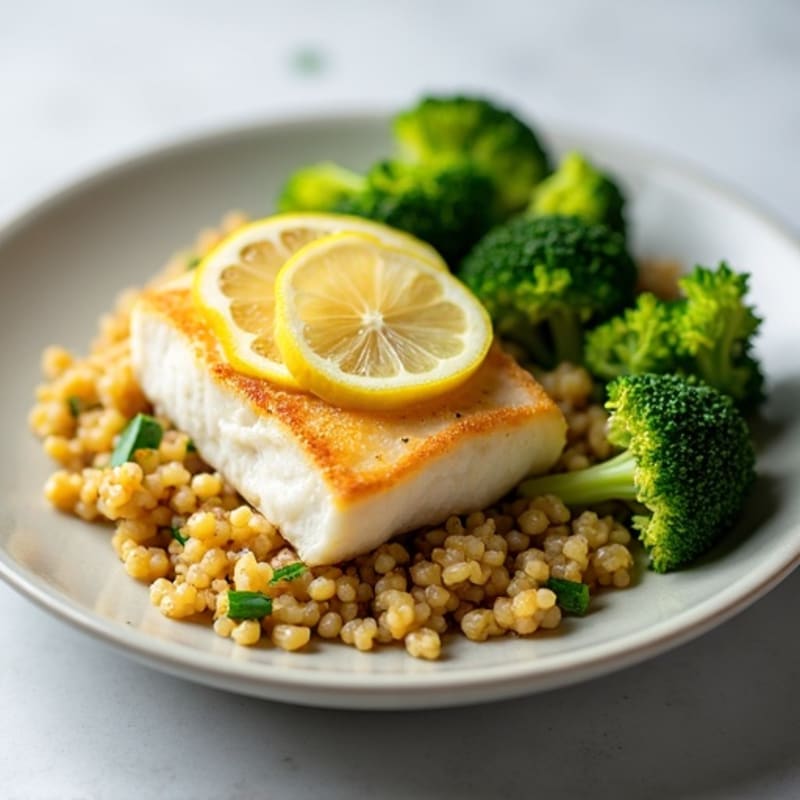 Seared Cod with Steamed Broccoli and Lemon Quinoa