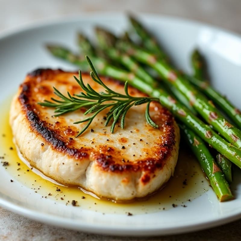 Garlic Herb Pan-Seared Pork Chop with Roasted Asparagus