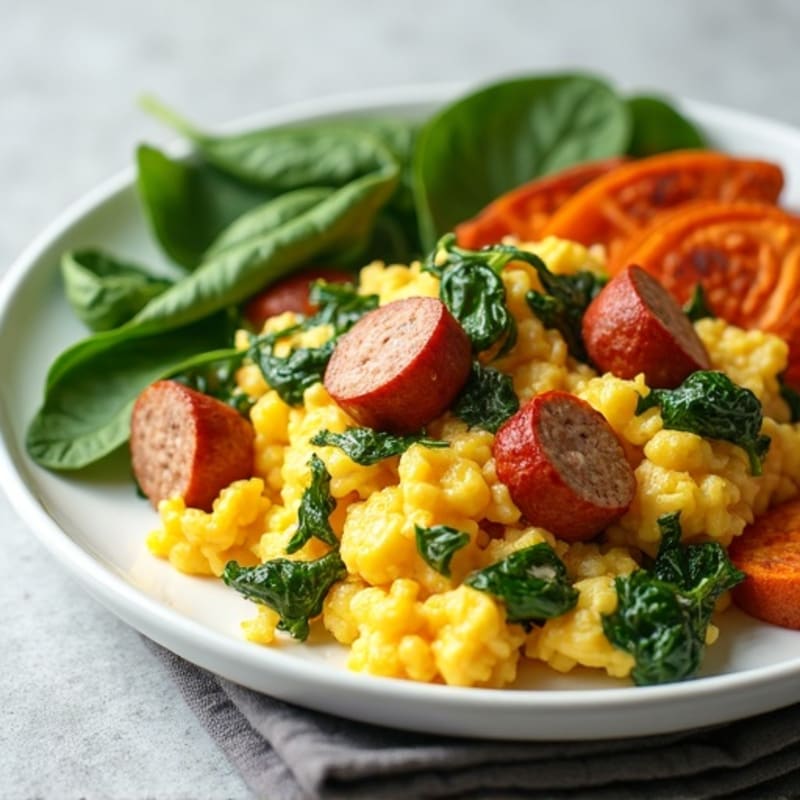 Egg White and Turkey Sausage Scramble with Spinach and Roasted Sweet Potato