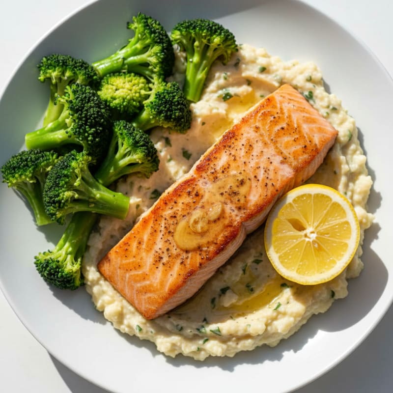 Seared Salmon with Steamed Broccoli and Garlic Cauliflower Mash
